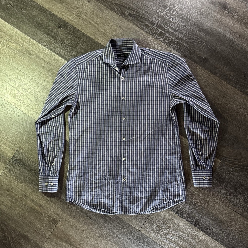 HUGO BOSS MEN'S REGULAR FIT EASY IRON DRESS SHIRT SIZE 38 OR 15 PLAID
